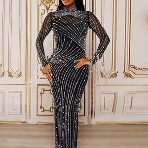 Pearls Rhinestone Mesh Party Dress